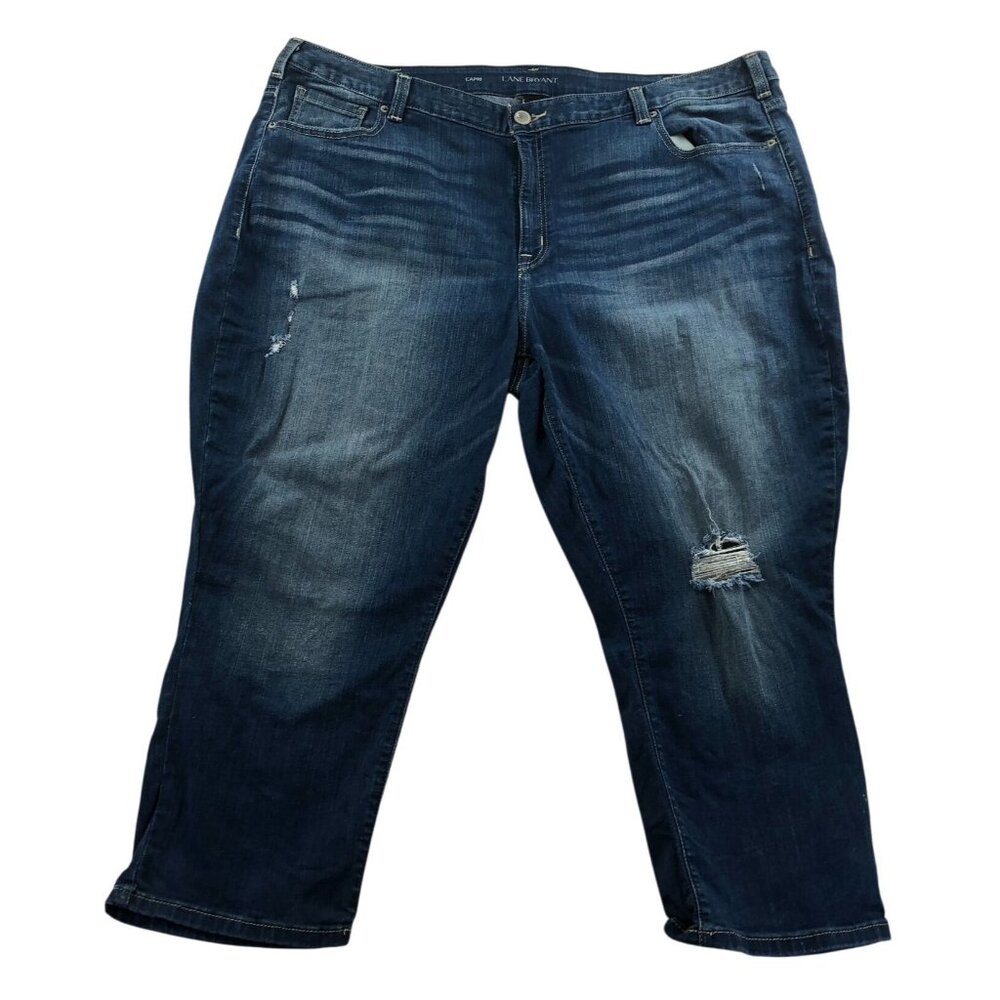 Lane Bryant Women Capri Jeans Size 28 Blue Denim Distressed Crop Stretch Hi-Rise